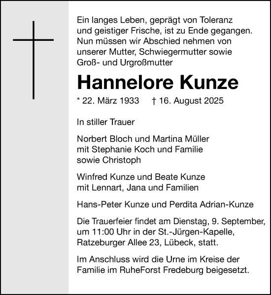 Traueranzeige von Hannelore Kunze von MARKT Ratzeburg/Mölln