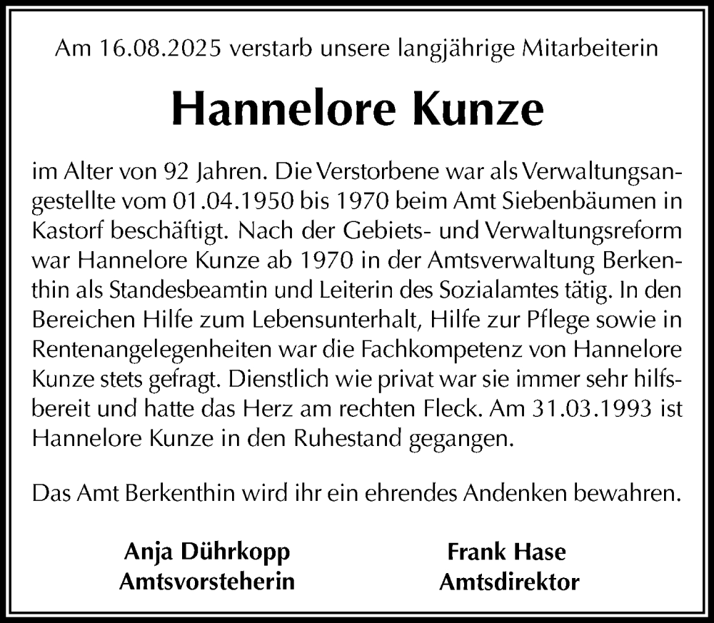  Traueranzeige für Hannelore Kunze vom 30.08.2025 aus MARKT Ratzeburg/Mölln