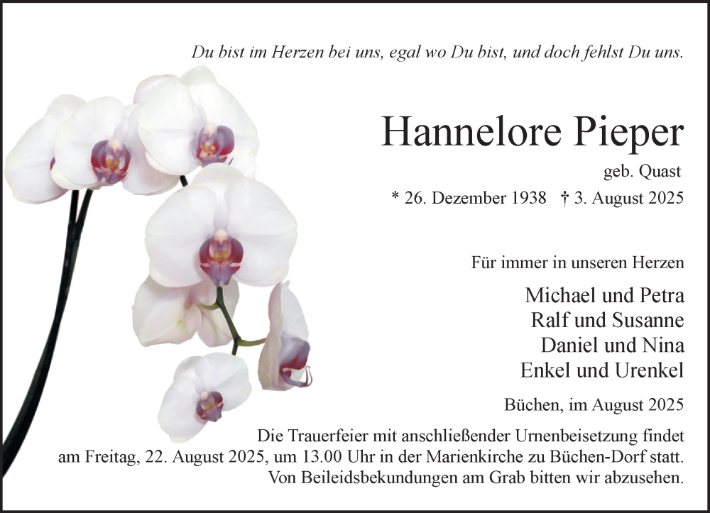  Traueranzeige für Hannelore Pieper vom 09.08.2025 aus Wochenend Anzeiger
