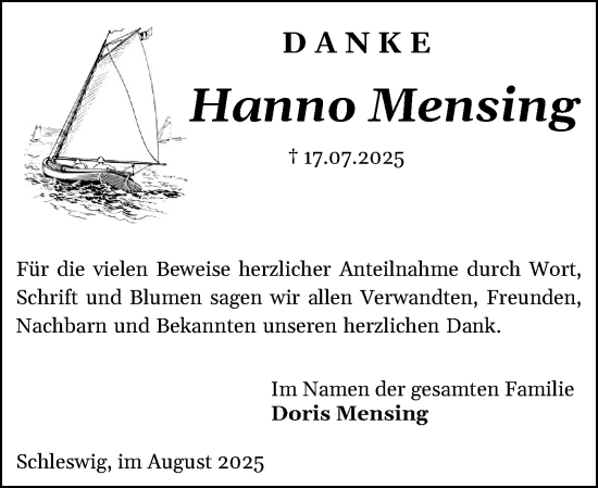 Traueranzeige von Hanno Mensing von Schleswiger Nachrichten, Schlei-Bote
