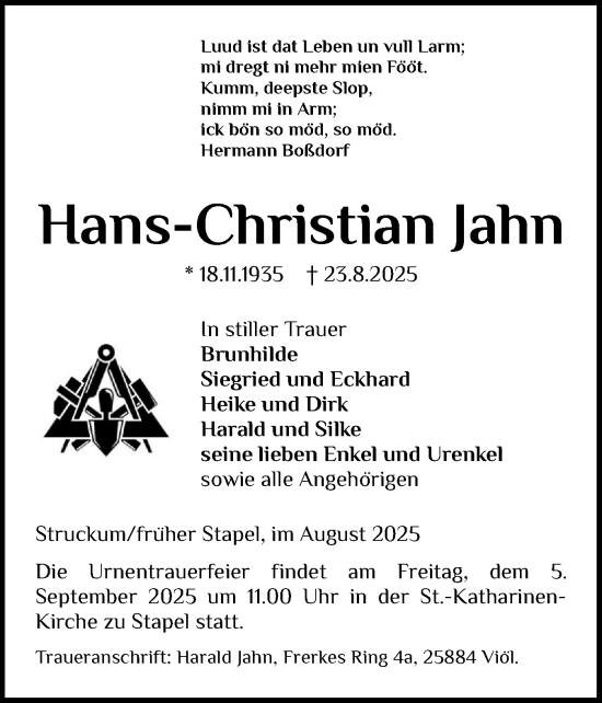 Traueranzeige von Hans-Christian Jahn von Husumer Nachrichten, Nordfriesland Tageblatt
