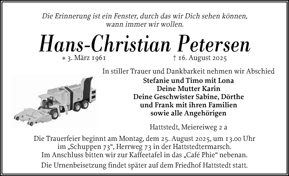  Traueranzeige für Hans-Christian Petersen vom 20.08.2025 aus Husumer Nachrichten, Nordfriesland Tageblatt