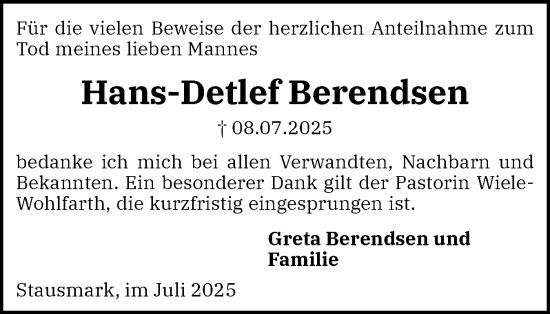 Traueranzeige von Hans-Detlef Berendsen von Flensburger Tageblatt