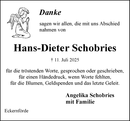 Traueranzeige von Hans-Dieter Schobries von Eckernförder Zeitung, Hallo Eckernförde