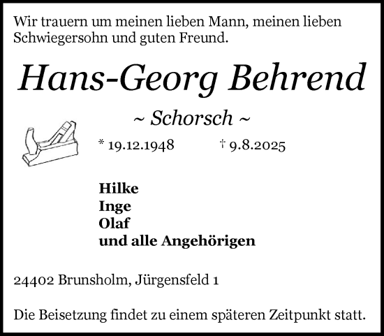 Traueranzeige von Hans-Georg Behrend von Schleswiger Nachrichten, Schlei-Bote
