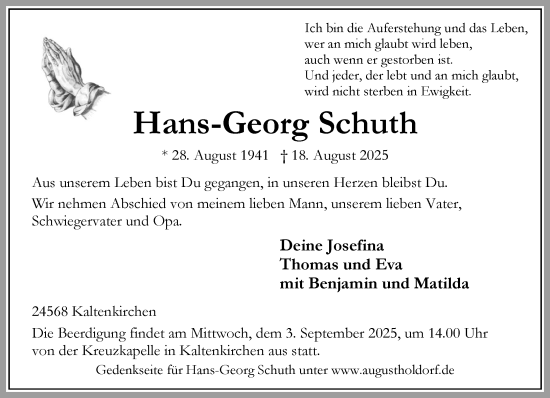 Traueranzeige von Hans-Georg Schuth von Umschau