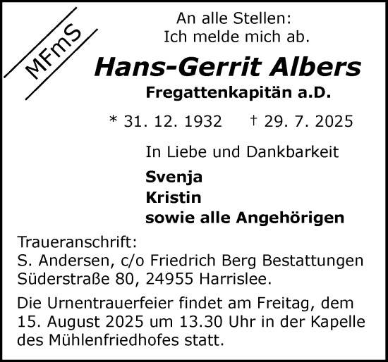 Traueranzeige von Hans-Gerrit Albers von Flensburger Tageblatt