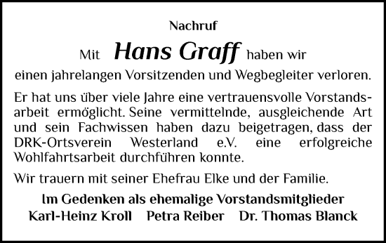 Traueranzeige von Hans Graff von Sylter Rundschau