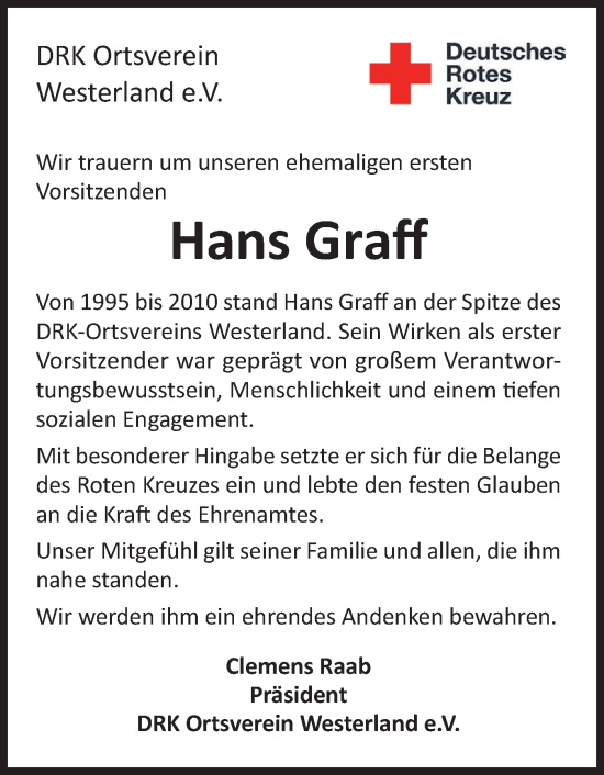 Traueranzeige von Hans Graff von Sylter Rundschau