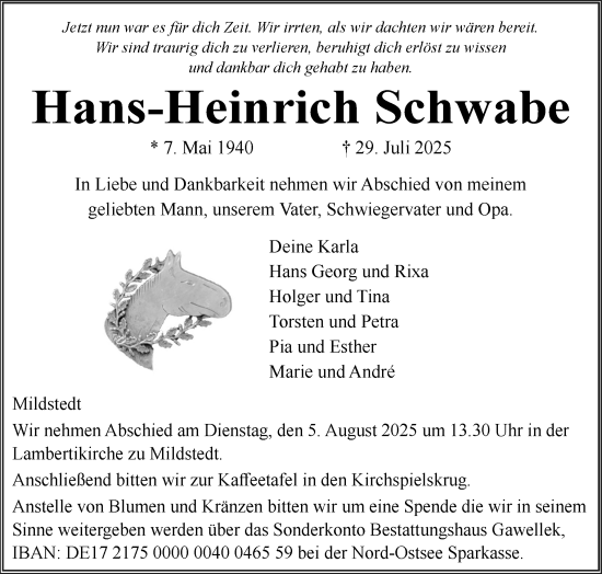 Traueranzeige von Hans-Heinrich Schwabe von Husumer Nachrichten, Nordfriesland Tageblatt