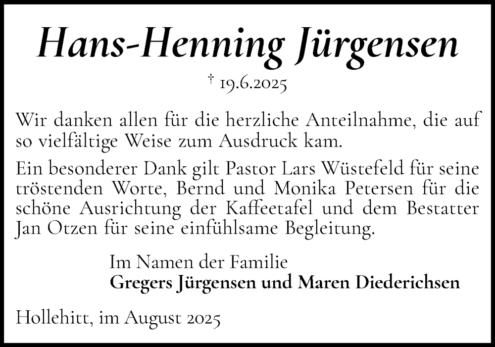  Traueranzeige für Hans-Henning Jürgensen vom 02.08.2025 aus Flensburger Tageblatt