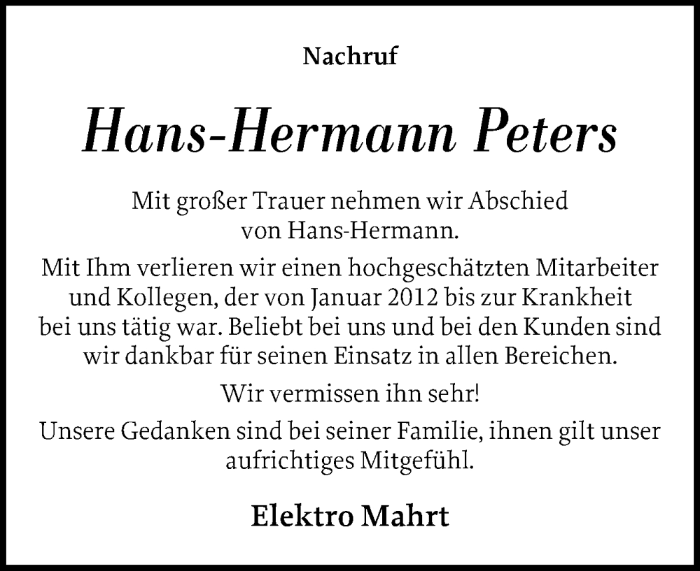  Traueranzeige für Hans-Hermann Peters vom 04.08.2025 aus Husumer Nachrichten, Nordfriesland Tageblatt
