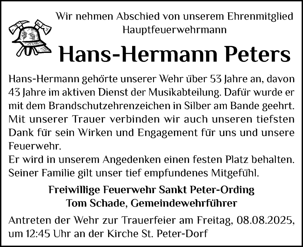  Traueranzeige für Hans-Hermann Peters vom 05.08.2025 aus Husumer Nachrichten, Nordfriesland Tageblatt