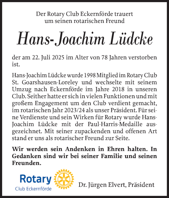 Traueranzeige von Hans-Joachim Lüdcke von Eckernförder Zeitung, Hallo Eckernförde