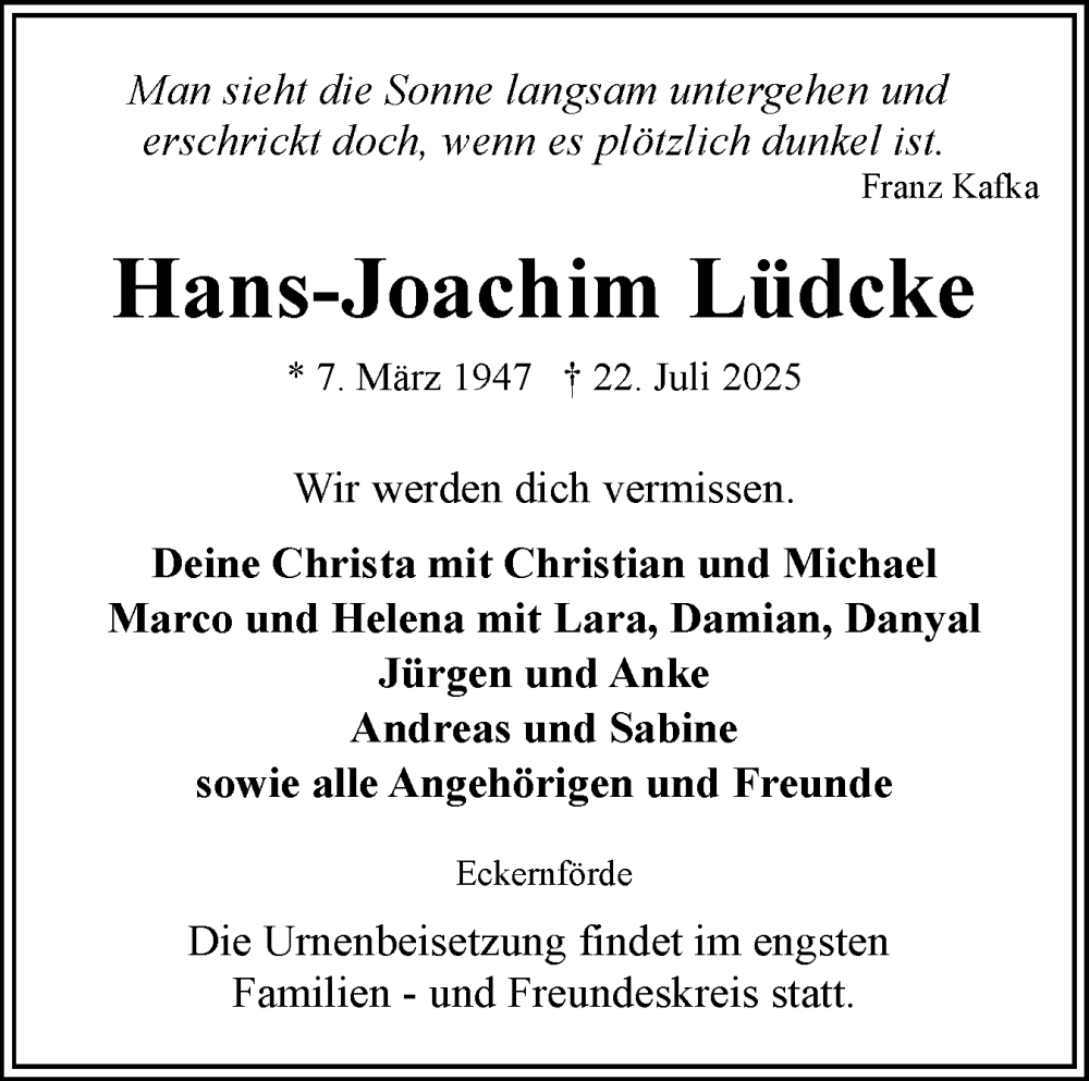  Traueranzeige für Hans-Joachim Lüdcke vom 09.08.2025 aus Eckernförder Zeitung, Hallo Eckernförde