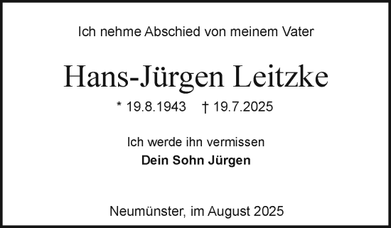 Traueranzeige von Hans-Jürgen Leitzke von Holsteinischer Courier