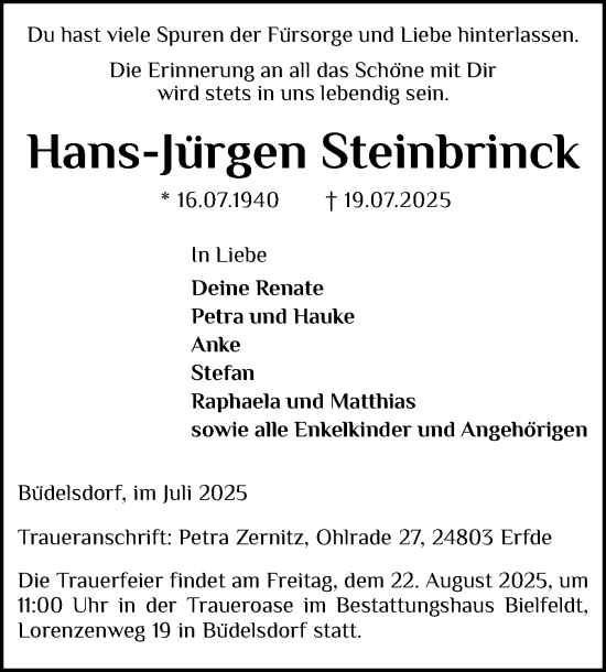 Traueranzeige von Hans-Jürgen Steinbrinck von Schleswig-Holsteinische Landeszeitung