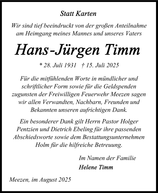 Traueranzeige von Hans-Jürgen Timm von Schleswig-Holsteinische Landeszeitung
