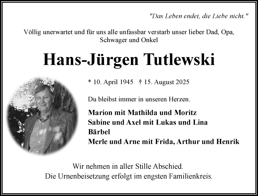  Traueranzeige für Hans-Jürgen Tutlewski vom 30.08.2025 aus Eckernförder Zeitung, Hallo Eckernförde