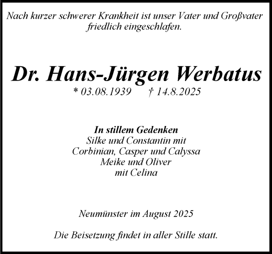 Traueranzeige von Hans-Jürgen Werbatus von Holsteinischer Courier