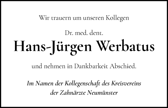 Traueranzeige von Hans-Jürgen Werbatus von Holsteinischer Courier