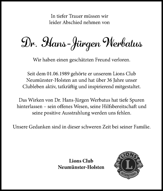 Traueranzeige von Hans-Jürgen Werbatus von Holsteinischer Courier