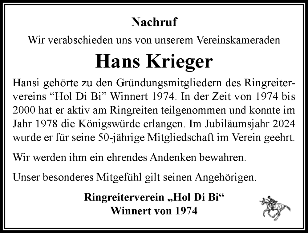  Traueranzeige für Hans Krieger vom 09.08.2025 aus Die WochenSchau Gesamtausgabe
