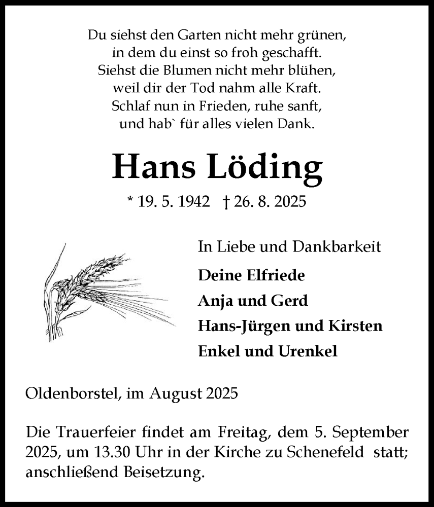  Traueranzeige für Hans Löding vom 30.08.2025 aus Norddeutsche Rundschau, Wilstersche Zeitung, Glückstädter Fortuna