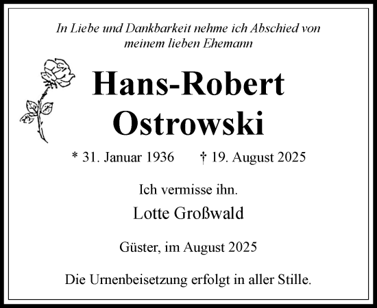 Traueranzeige von Hans-Robert Ostrowski von Wochenend Anzeiger