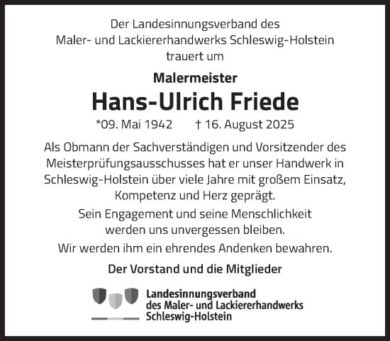 Traueranzeige von Hans-Ulrich Friede von Schleswiger Nachrichten, Schlei-Bote, Eckernförder Zeitung