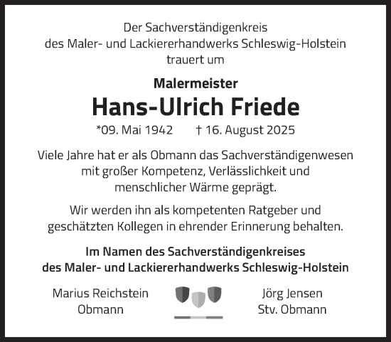 Traueranzeige von Hans-Ulrich Friede von Schleswiger Nachrichten, Schlei-Bote, Eckernförder Zeitung
