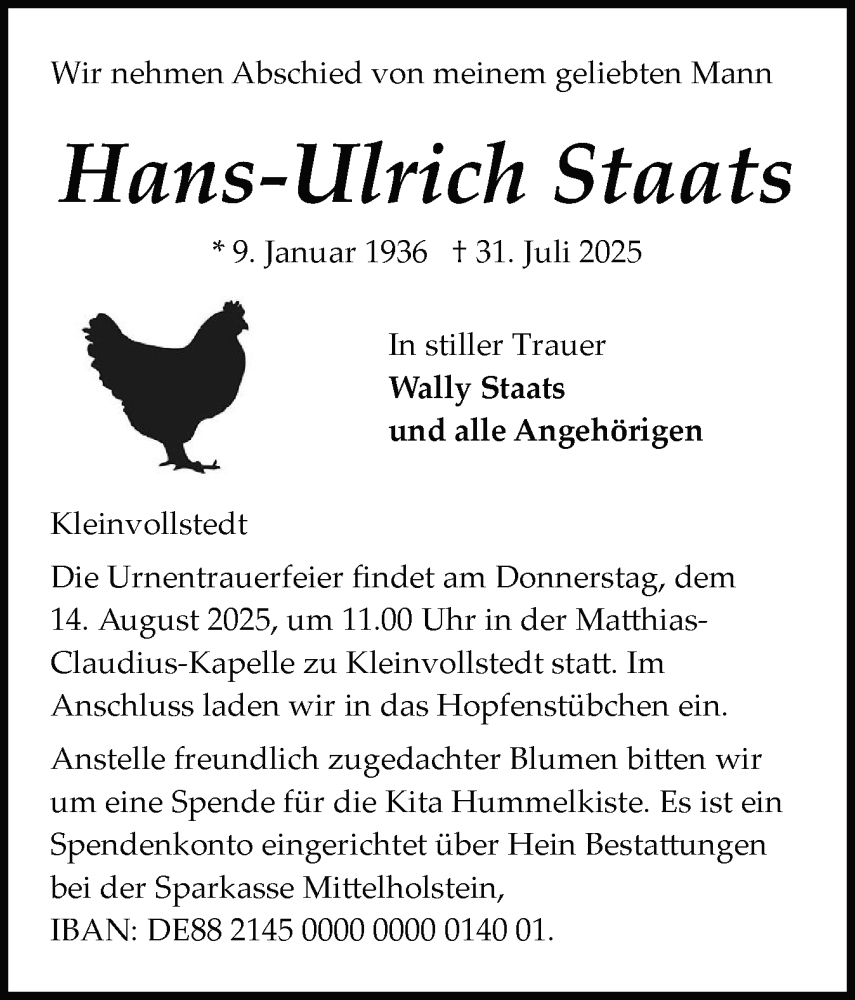  Traueranzeige für Hans-Ulrich Staats vom 09.08.2025 aus Schleswig-Holsteinische Landeszeitung
