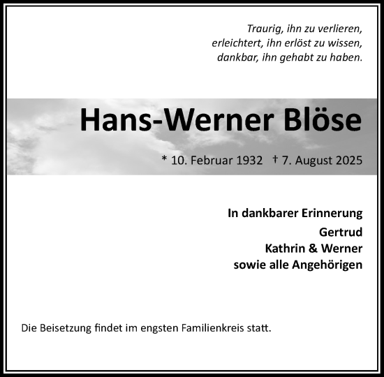 Traueranzeige von Hans-Werner Blöse von Wochenend Anzeiger