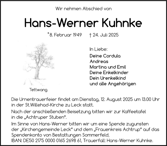 Traueranzeige von Hans-Werner Kuhnke von Region Flensburg