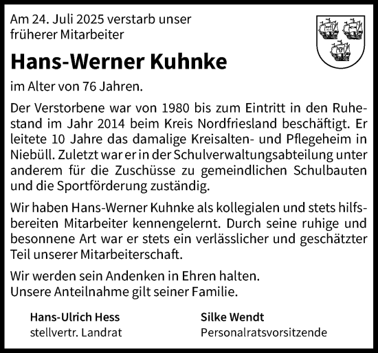 Traueranzeige von Hans-Werner Kuhnke von Husumer Nachrichten, Nordfriesland Tageblatt