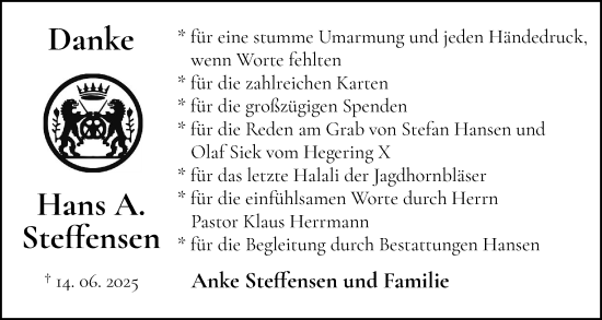 Traueranzeige von Hans A. Steffensen von Flensburger Tageblatt