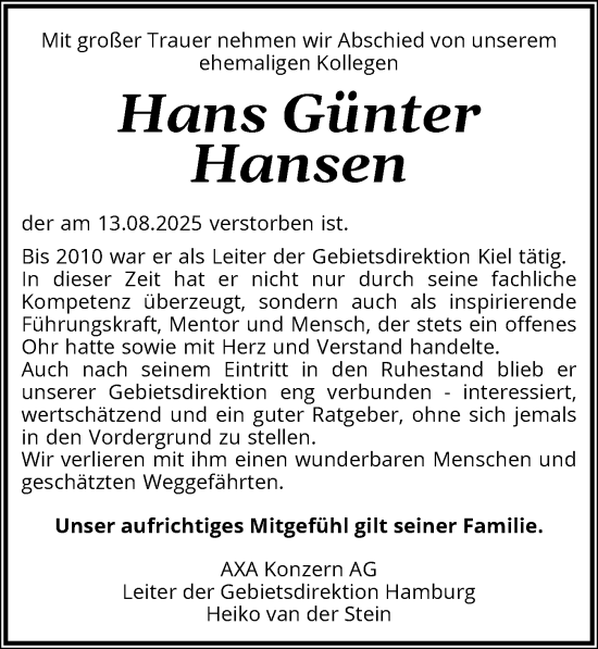 Traueranzeige von Hans Günter Hansen von Husumer Nachrichten, Nordfriesland Tageblatt