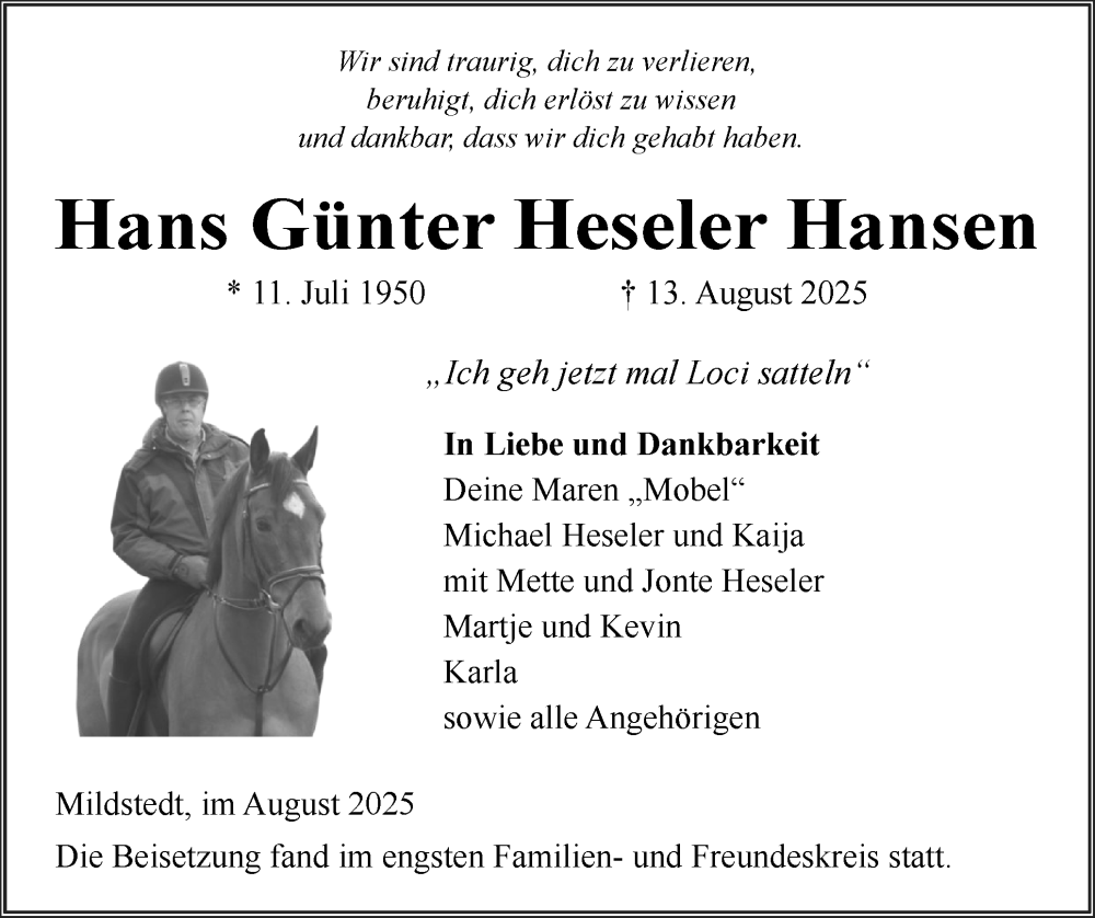  Traueranzeige für Hans Günter Heseler Hansen vom 23.08.2025 aus Husumer Nachrichten, Nordfriesland Tageblatt