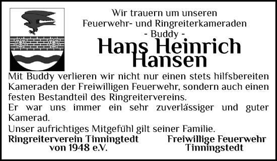 Traueranzeige von Hans Heinrich Hansen von Husumer Nachrichten, Nordfriesland Tageblatt