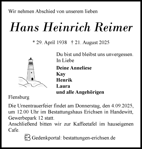 Traueranzeige von Hans Heinrich Reimer von Flensburger Tageblatt