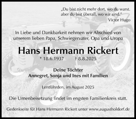 Traueranzeige von Hans Hermann Rickert von Umschau