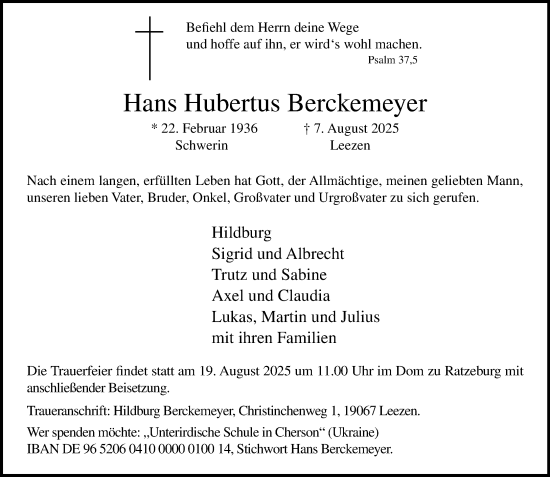 Traueranzeige von Hans Hubertus Berckemeyer von MARKT Ratzeburg/Mölln