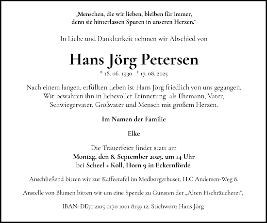 Traueranzeige von Hans Jörg Petersen von Eckernförder Zeitung, Hallo Eckernförde