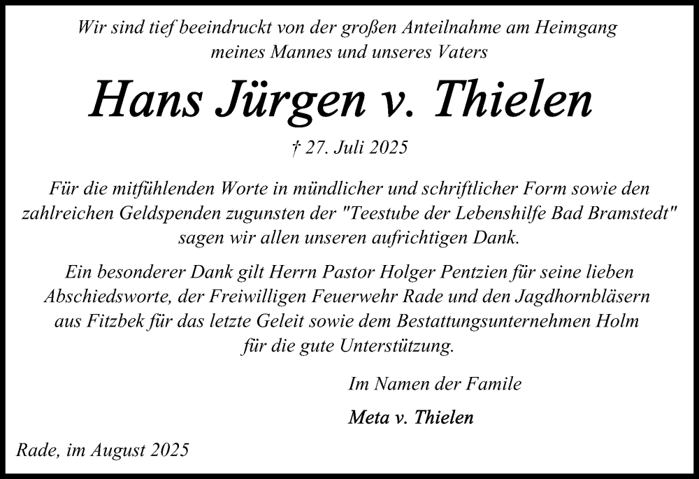  Traueranzeige für Hans Jürgen v. Thielen vom 23.08.2025 aus Norddeutsche Rundschau, Wilstersche Zeitung, Glückstädter Fortuna