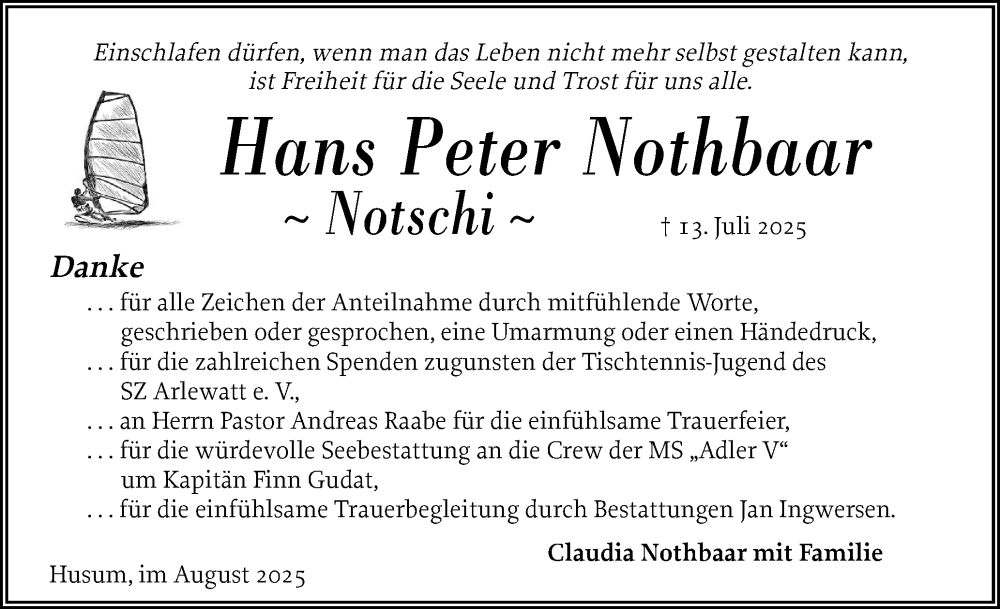  Traueranzeige für Hans Peter Nothbaar vom 23.08.2025 aus Husumer Nachrichten, Nordfriesland Tageblatt