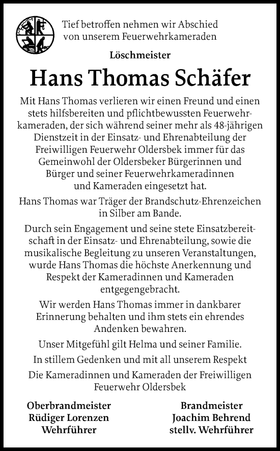 Traueranzeige von Hans Thomas Schäfer von Husumer Nachrichten, Nordfriesland Tageblatt