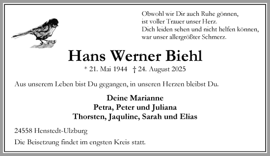 Traueranzeige von Hans Werner Biehl von Umschau