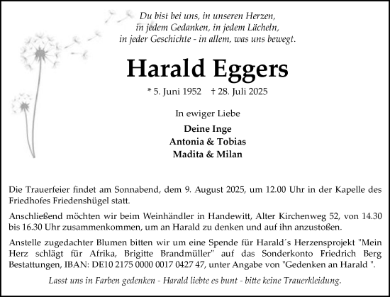Traueranzeige von Harald Eggers von Flensburger Tageblatt
