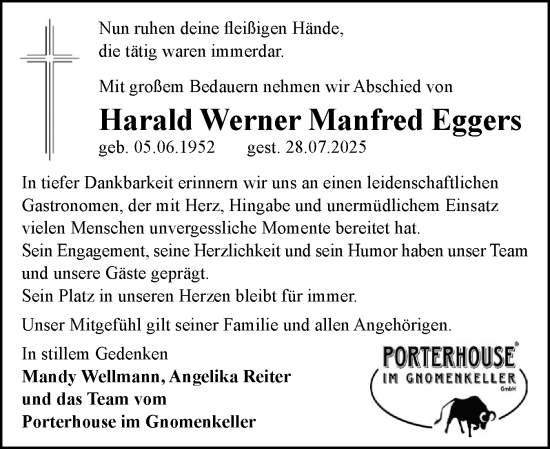 Traueranzeige von Harald Werner Manfred Eggers von Flensburger Tageblatt
