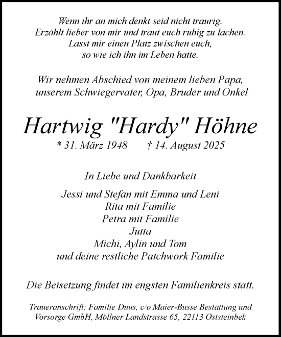 Traueranzeige von Hartwig Höhne von MARKT Glinde/Reinbek